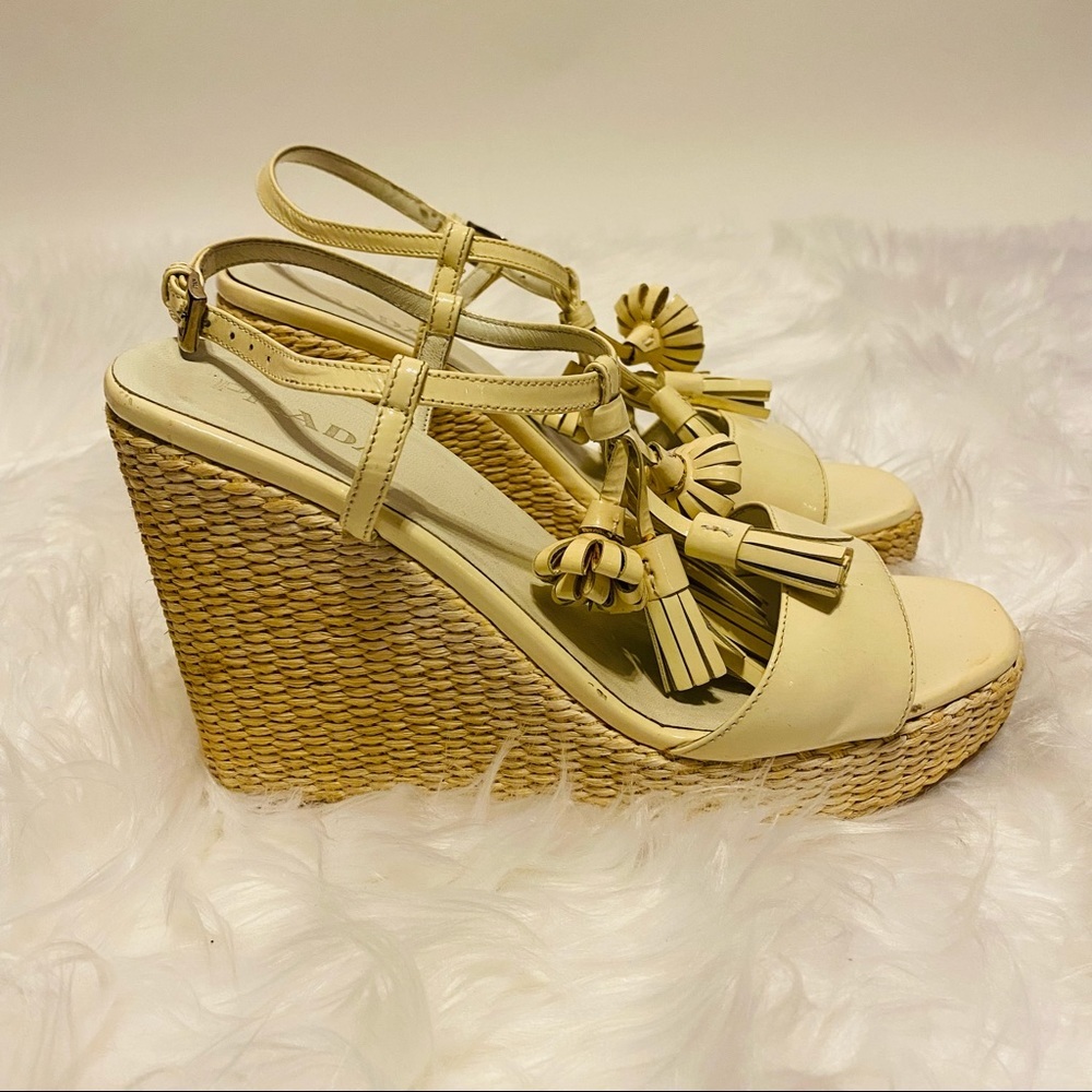 Prada Womens White Leather Wedge Sandals Size 38.5